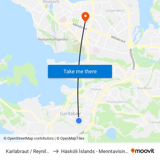 Karlabraut / Reynilundur to Háskóli Íslands - Menntavísindasvið map