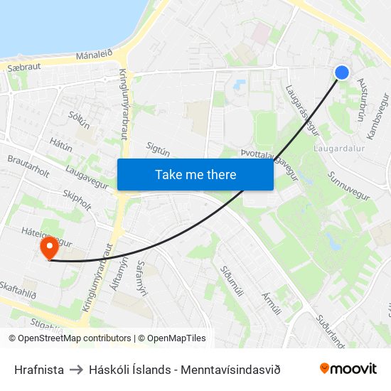 Hrafnista to Háskóli Íslands - Menntavísindasvið map