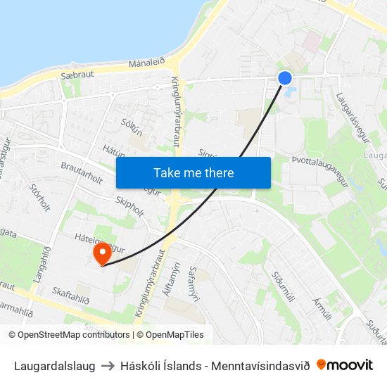 Laugardalslaug to Háskóli Íslands - Menntavísindasvið map