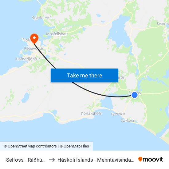 Selfoss - Ráðhúsið to Háskóli Íslands - Menntavísindasvið map