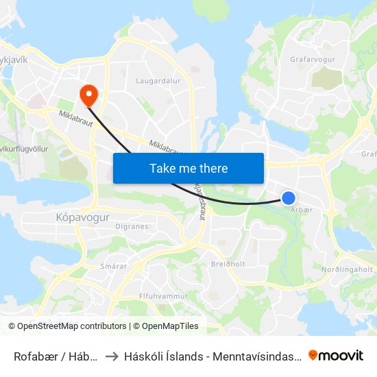 Rofabær / Hábær to Háskóli Íslands - Menntavísindasvið map