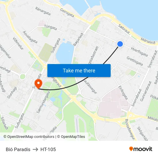 Bíó Paradís to HT-105 map