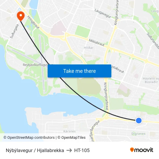 Nýbýlavegur / Hjallabrekka to HT-105 map