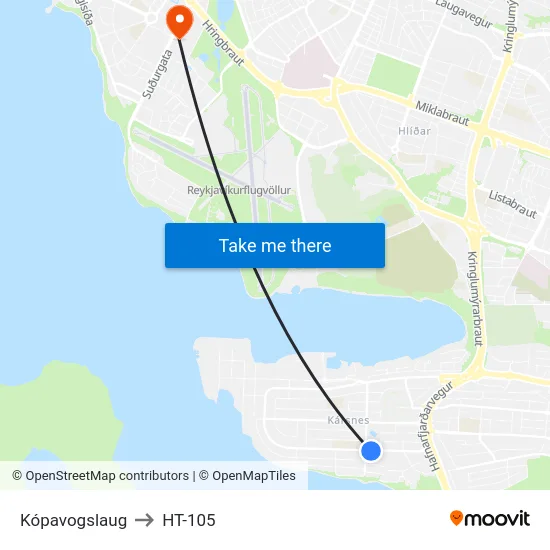 Kópavogslaug to HT-105 map