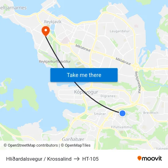 Hlíðardalsvegur / Krossalind to HT-105 map