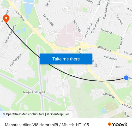 Menntaskólinn Við Hamrahlíð / Mh to HT-105 map