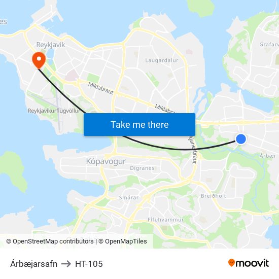 Árbæjarsafn to HT-105 map