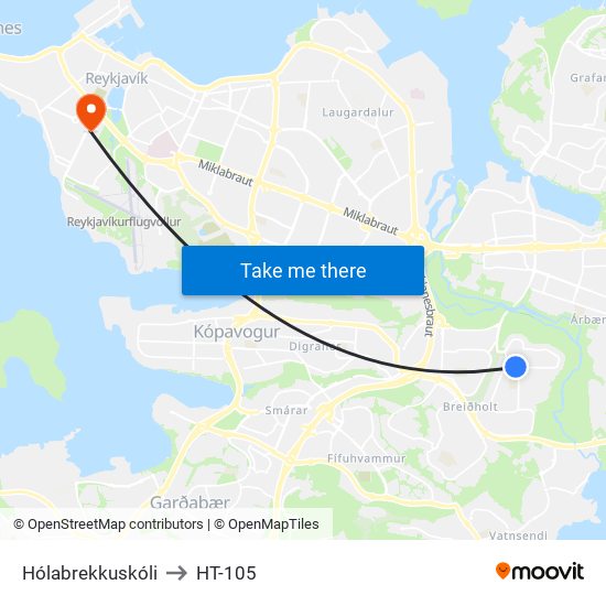 Hólabrekkuskóli to HT-105 map