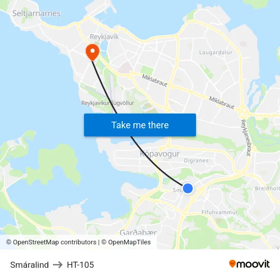 Smáralind to HT-105 map
