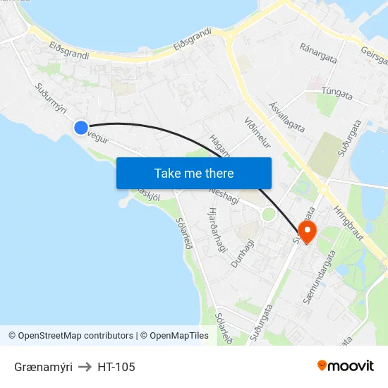 Grænamýri to HT-105 map