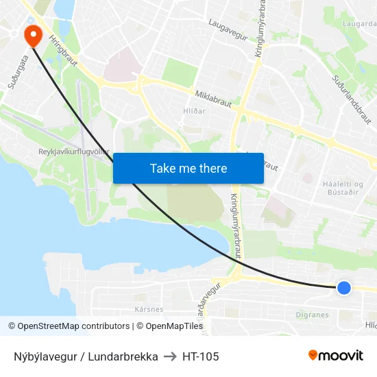 Nýbýlavegur / Lundarbrekka to HT-105 map
