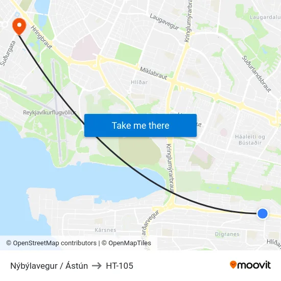 Nýbýlavegur / Ástún to HT-105 map