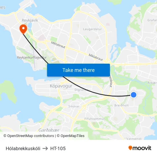 Hólabrekkuskóli to HT-105 map