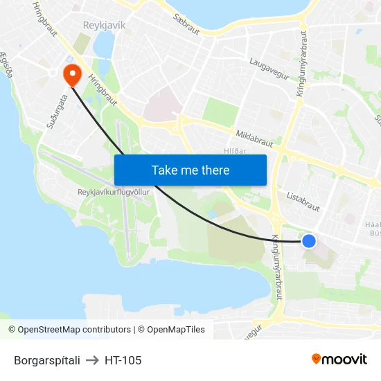 Borgarspítali to HT-105 map