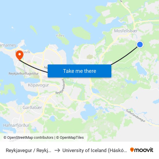 Reykjavegur / Reykjabyggð to University of Iceland (Háskóli Íslands) map