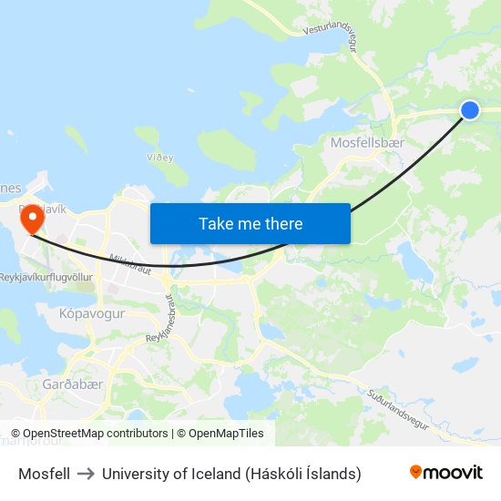Mosfell to University of Iceland (Háskóli Íslands) map
