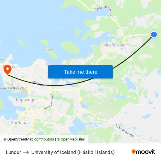 Lundur to University of Iceland (Háskóli Íslands) map