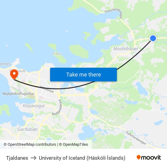 Tjaldanes to University of Iceland (Háskóli Íslands) map