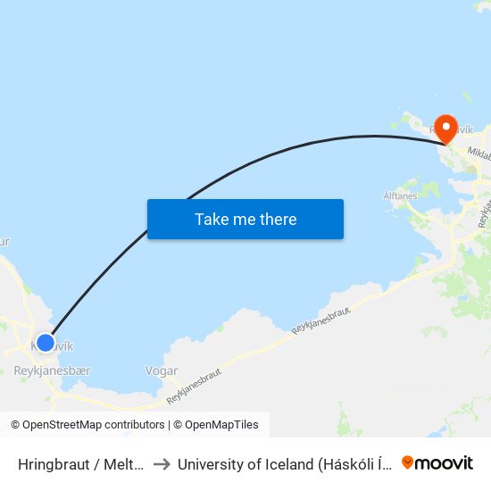 Hringbraut / Melteigur to University of Iceland (Háskóli Íslands) map