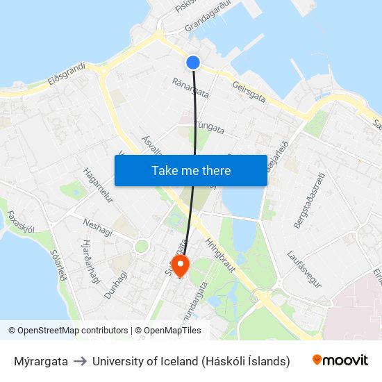 Mýrargata to University of Iceland (Háskóli Íslands) map