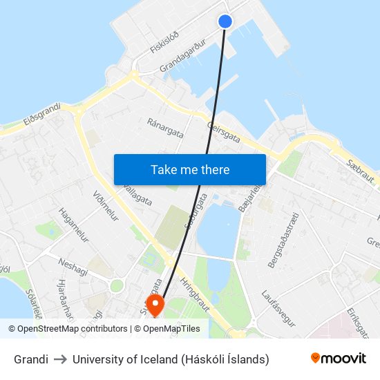 Grandi to University of Iceland (Háskóli Íslands) map