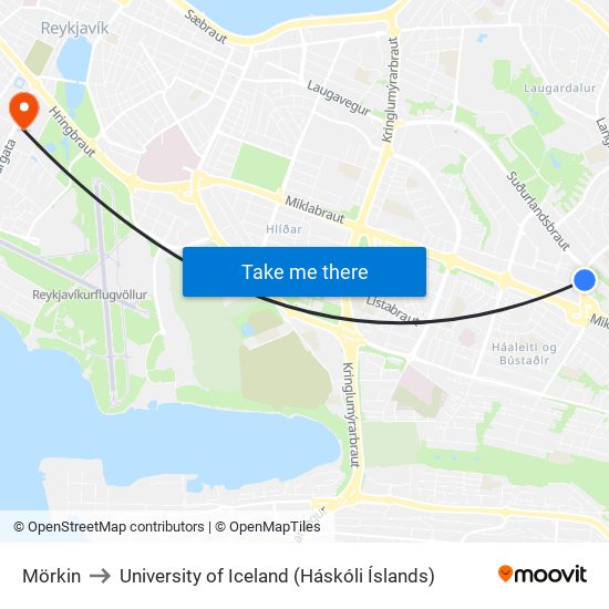 Mörkin to University of Iceland (Háskóli Íslands) map