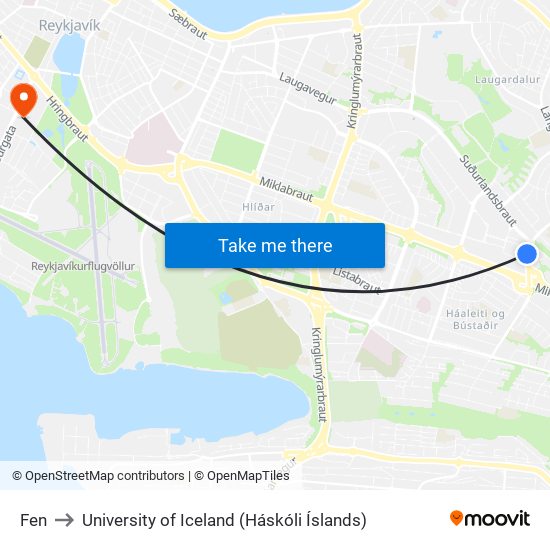 Fen to University of Iceland (Háskóli Íslands) map