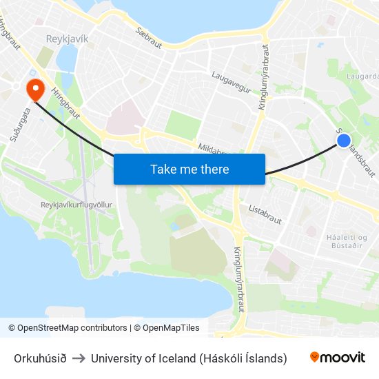 Orkuhúsið to University of Iceland (Háskóli Íslands) map