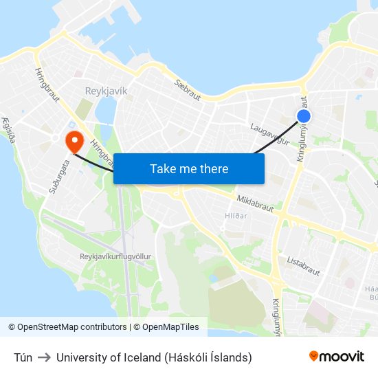 Tún to University of Iceland (Háskóli Íslands) map