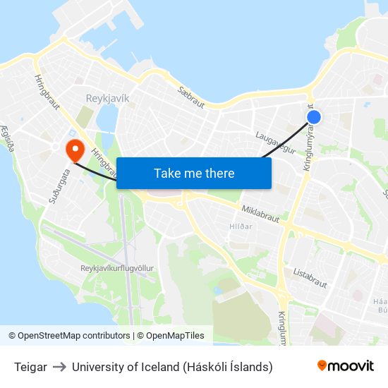 Teigar to University of Iceland (Háskóli Íslands) map