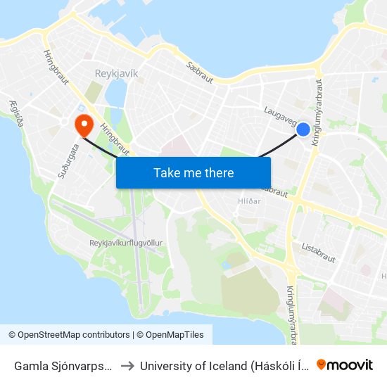 Gamla Sjónvarpshúsið to University of Iceland (Háskóli Íslands) map