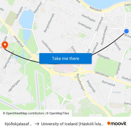 Þjóðskjalasafnið to University of Iceland (Háskóli Íslands) map