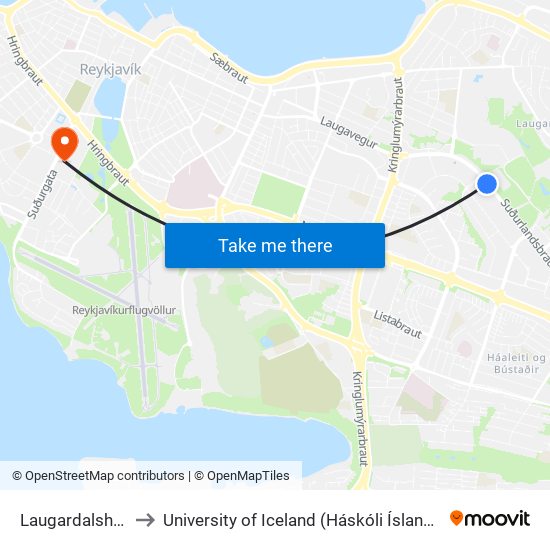 Laugardalshöll to University of Iceland (Háskóli Íslands) map