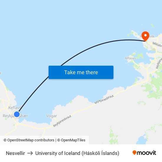 Nesvellir to University of Iceland (Háskóli Íslands) map