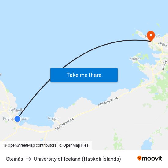 Steinás to University of Iceland (Háskóli Íslands) map