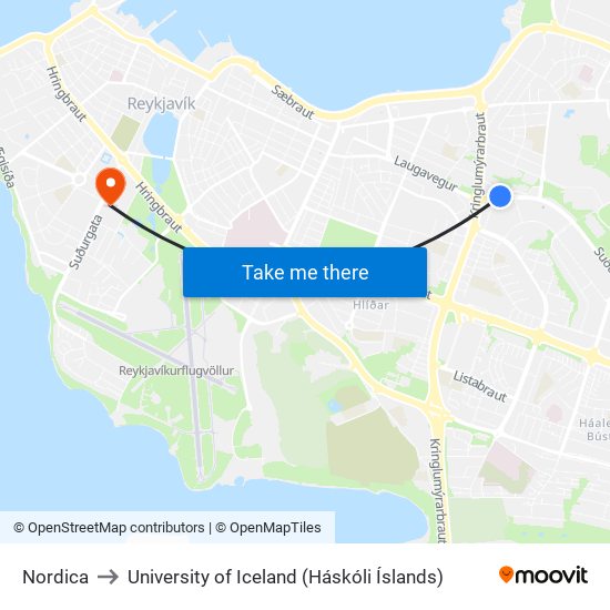 Nordica to University of Iceland (Háskóli Íslands) map