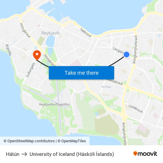 Hátún to University of Iceland (Háskóli Íslands) map
