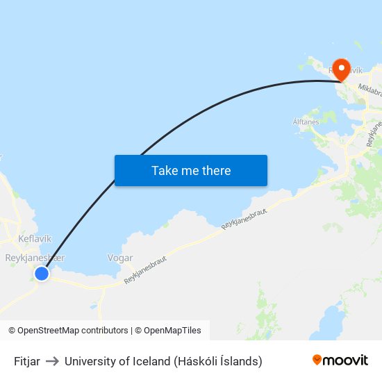 Fitjar to University of Iceland (Háskóli Íslands) map