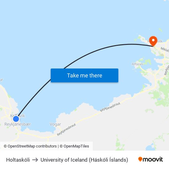 Holtaskóli to University of Iceland (Háskóli Íslands) map
