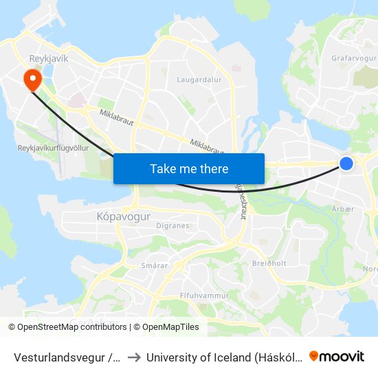 Vesturlandsvegur / Hálsar to University of Iceland (Háskóli Íslands) map