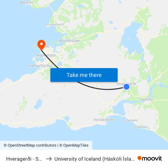 Hveragerði - Shell to University of Iceland (Háskóli Íslands) map