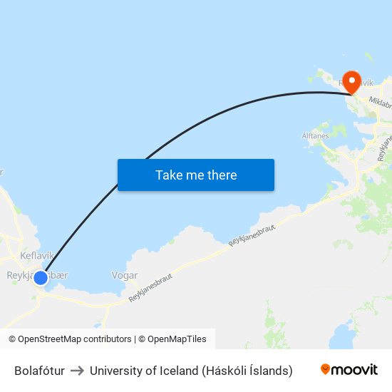 Bolafótur to University of Iceland (Háskóli Íslands) map