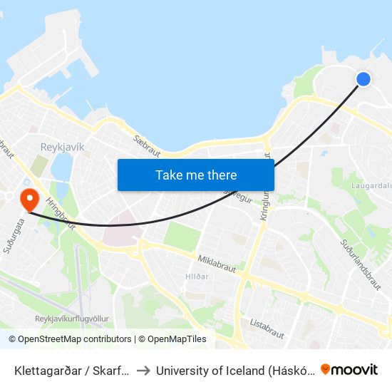 Klettagarðar / Skarfagarðar to University of Iceland (Háskóli Íslands) map