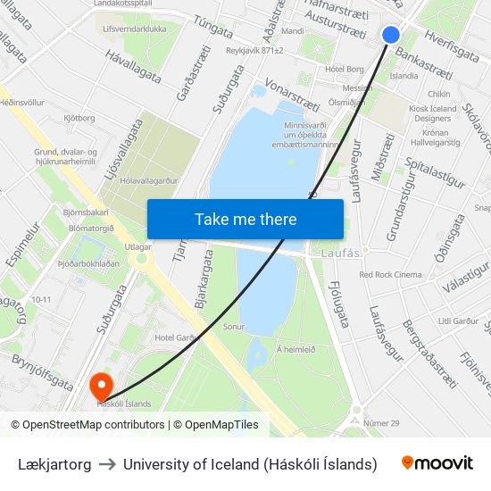 Lækjartorg to University of Iceland (Háskóli Íslands) map