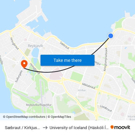 Sæbraut / Kirkjusandur to University of Iceland (Háskóli Íslands) map