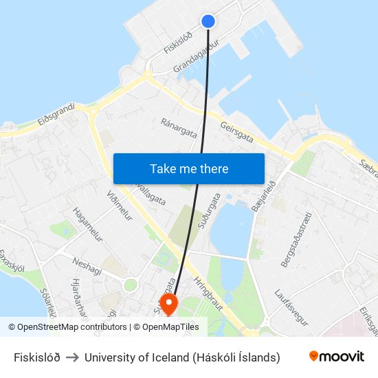 Fiskislóð to University of Iceland (Háskóli Íslands) map