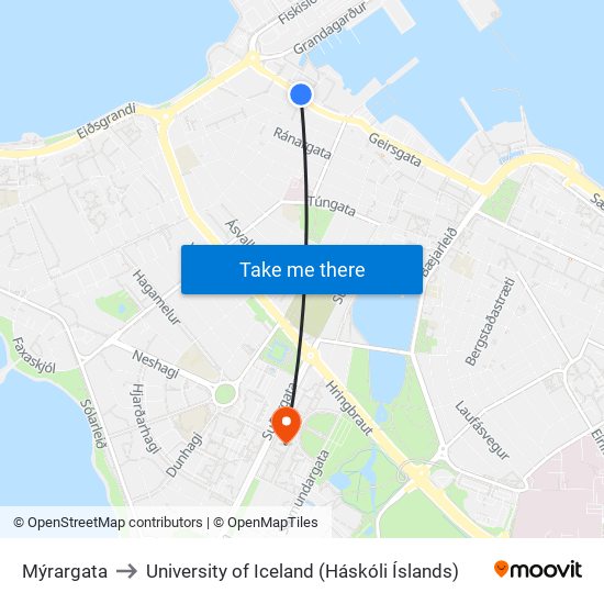 Mýrargata to University of Iceland (Háskóli Íslands) map