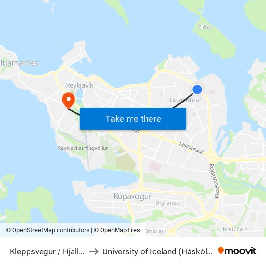 Kleppsvegur / Hjallavegur to University of Iceland (Háskóli Íslands) map