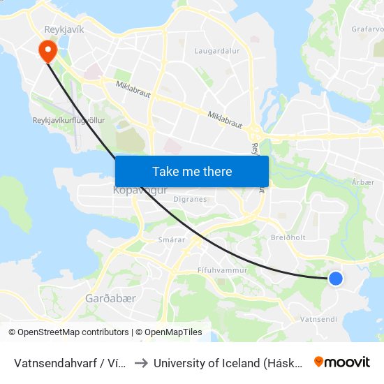 Vatnsendahvarf / Víkurhvarf to University of Iceland (Háskóli Íslands) map