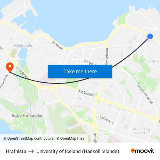 Hrafnista to University of Iceland (Háskóli Íslands) map